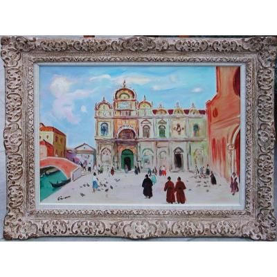 Gustave Lino  "place Animée à Venise" Oil On Canvas 46x61